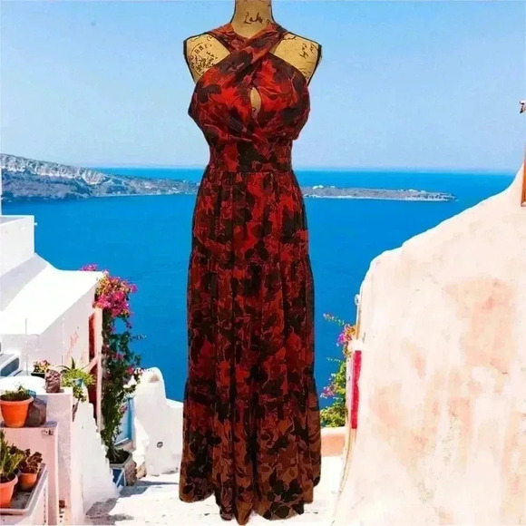 REVOLVE Dresses & Skirts - DR2 criss cross halter tiered maxi dress red black ombré floral S